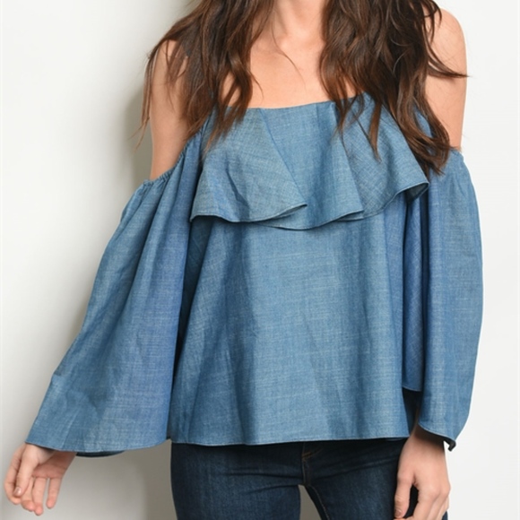 Trend Setter Diva Boutique Item Tops - CHAMBRAY COLD SHOULDER RUFFLE TOP BELL SLEEVE